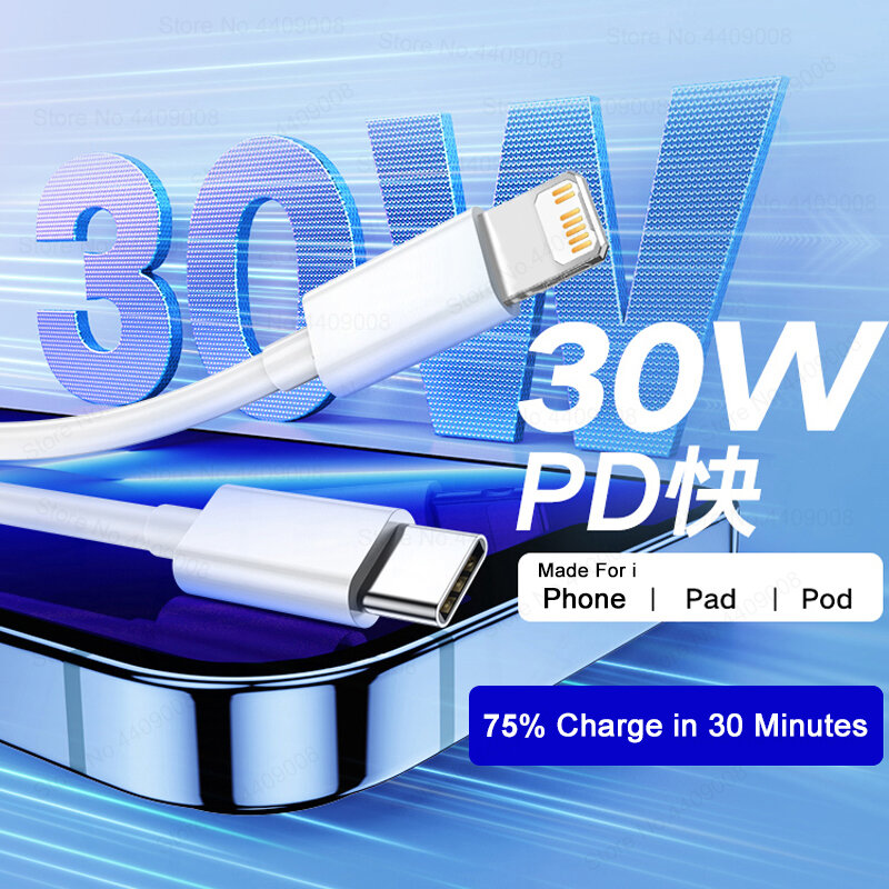Cable USB PD de 30W para Apple iPhone, cargador de datos de carga rápida, accesorios para iPhone 14, 13, 12, 11 Pro Max, 7, 8, 14 Plus, XS, XR