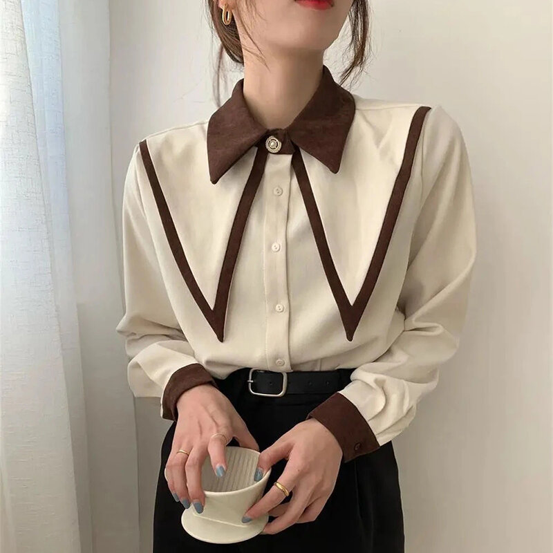 MEXZT camicie eleganti Vintage donna Chiffon Patchwork volant colletto rovesciato camicetta a maniche lunghe coreano Office Lady top larghi