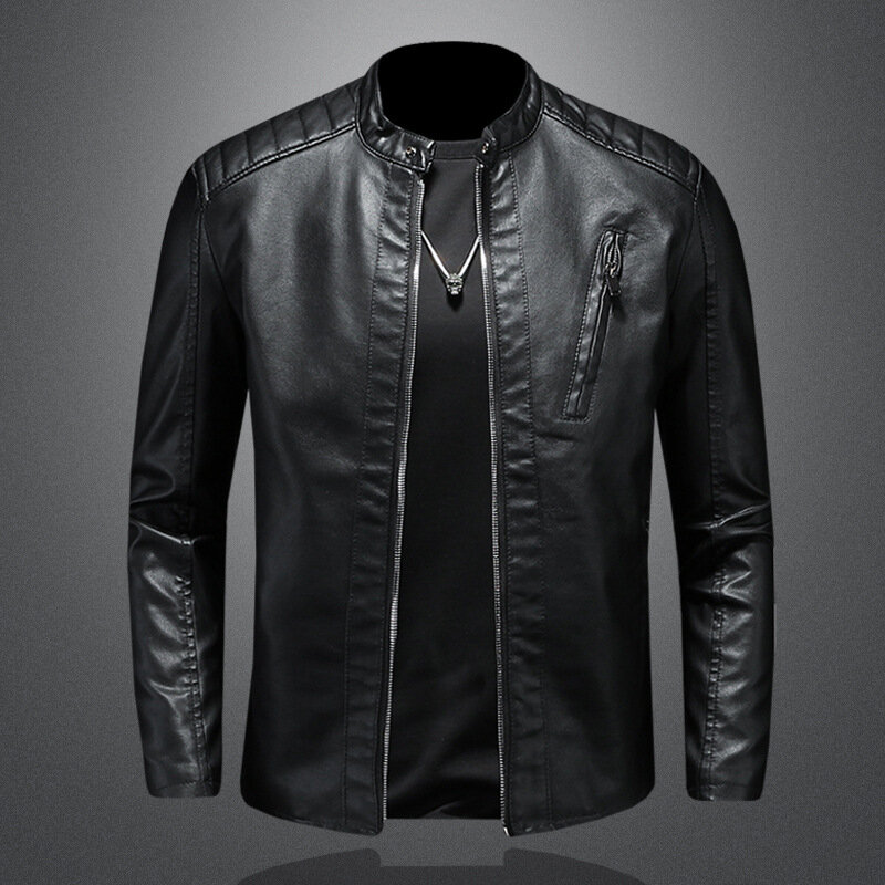 Jaket kulit kerah berdiri kebesaran untuk pria, jaket kulit bisnis sepeda motor kasual pas ramping 5xl musim gugur