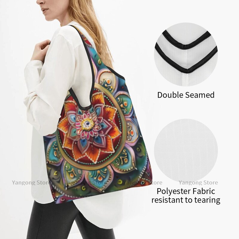 Tas belanja lipat, kantung lipat latar belakang Mandala, warna-warni, tas belanja perjalanan nyaman