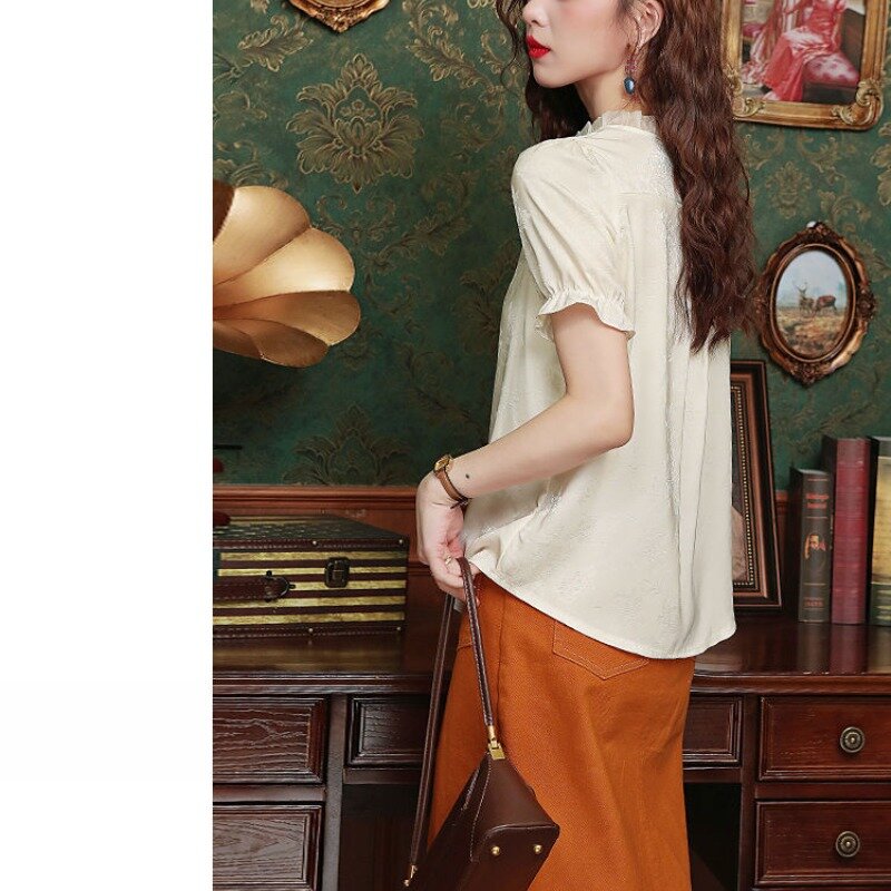 Camisa de renda rã bordada estilo chinês, manga curta elegante, tops de chiffon soltos, moda patchwork, verão