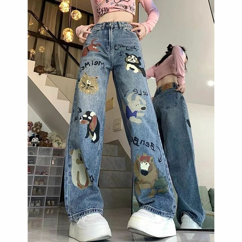 Pantalones vaqueros con estampado de dibujos animados para mujer, pantalón holgado de cintura alta, estilo americano, otoño e invierno, 2024