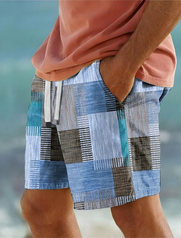 W kratę Color Block męski kurort 3D drukowana geometria spodenki plażowe kąpielówki elastyczny sznurek hawajski styl wakacyjnej plaży