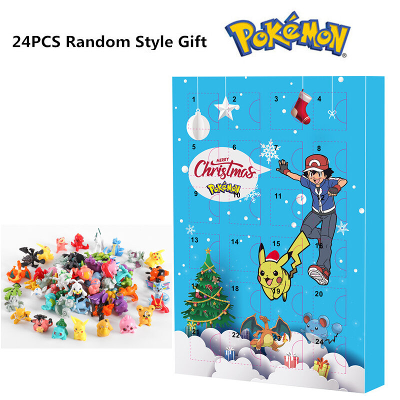 포켓몬 크리스마스 2022 강림절 달력 상자, 피규어 장난감, 정품 피카츄 애니메이션 피규어, 어린이 장난감, 포켓몬 선물, 파란색 상자, 24 개