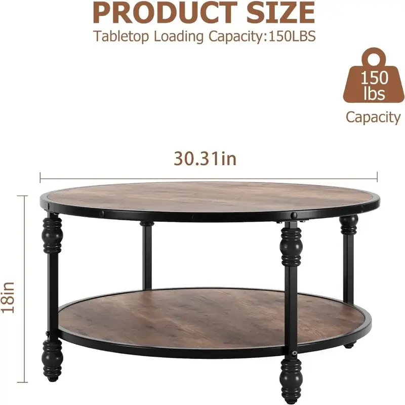 Table basse ronde pour salon, table centrale rustique avec étagère de rangement, bois avec pieds en métal robustes, sans fret domestique