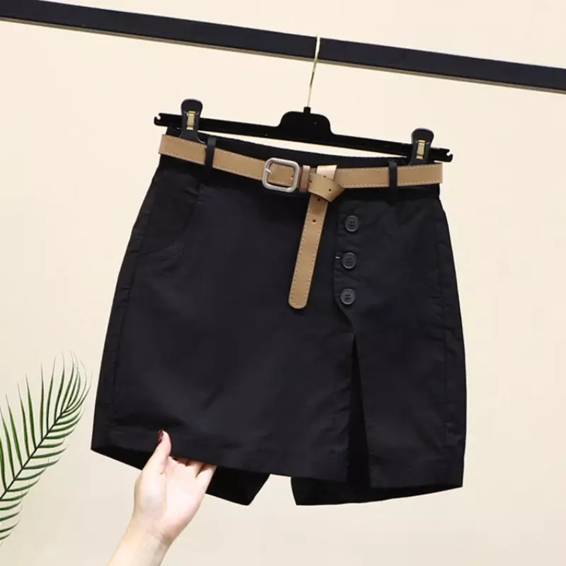 Harajuku Shorts for Women Fashion Loose Simple Design Solid Korean Style College Summer All-match New Mini Button Front Slit