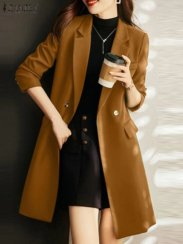 ZANZEA 사무직 여성 블레이저, 긴 소매 라펠 넥 재킷, 캐주얼 솔리드 루즈 코트, 여성 상의, 얇은 롱 아웃웨어 패션, 가을