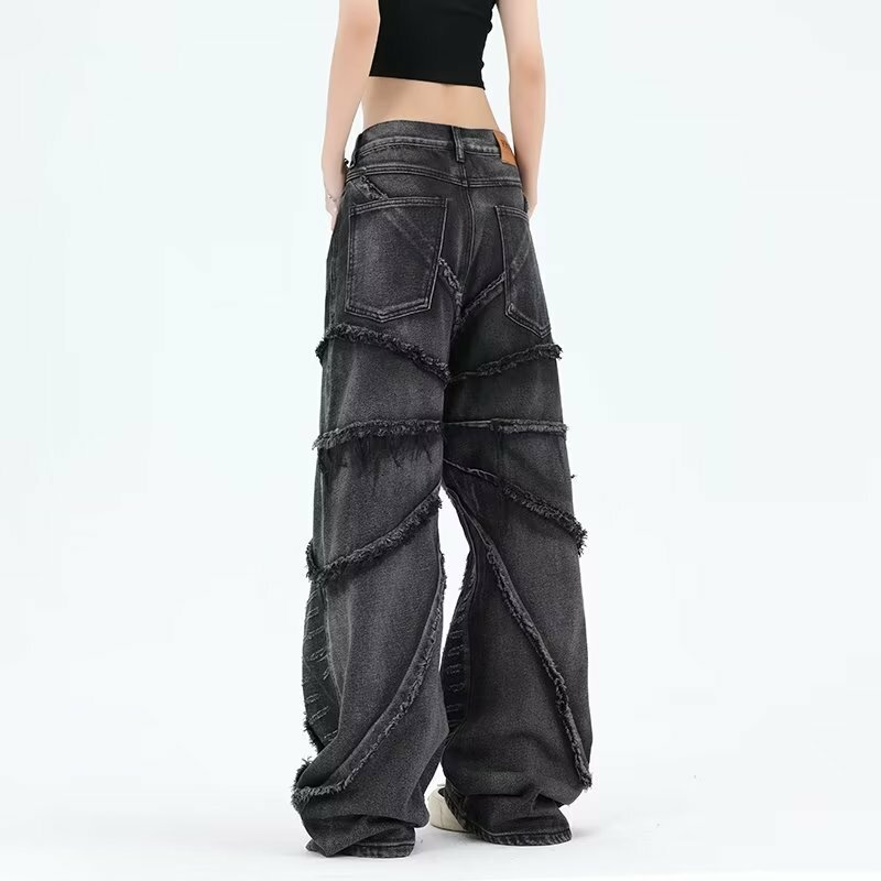 Американские ретро-джинсы Y2K с разрушительным пауком и необработанными краями для мужчин и женщин, Свободные повседневные брюки