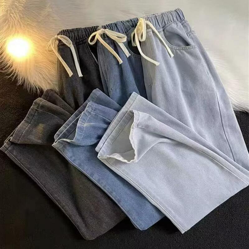 Solid Color Denim Pants Wide Leg Denim Pants for Men Elastic Waist Drawstring Trousers with Pockets Loose Fit Straight for A