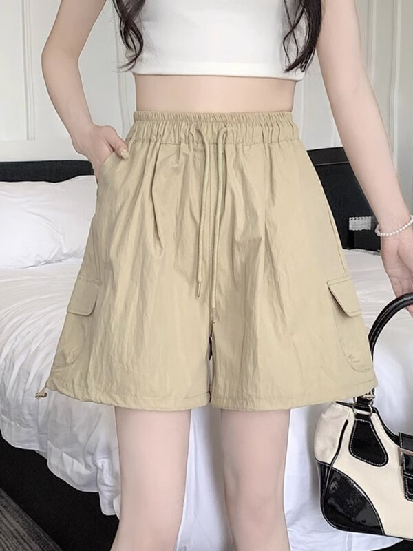 Casual Cargo Shorts Women Lovely Trendy Pockets Lantern Lace-up Pleated Elastic Waist Fashion Soft Loose Simple Summer Students