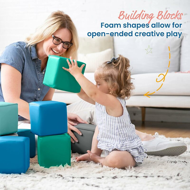 SoftZone Patchwork Toddler Building Blocks,Foam Cubes, Contemporary, 12-Piece Soft Cubes for Kids, Stacking Block Sets Building