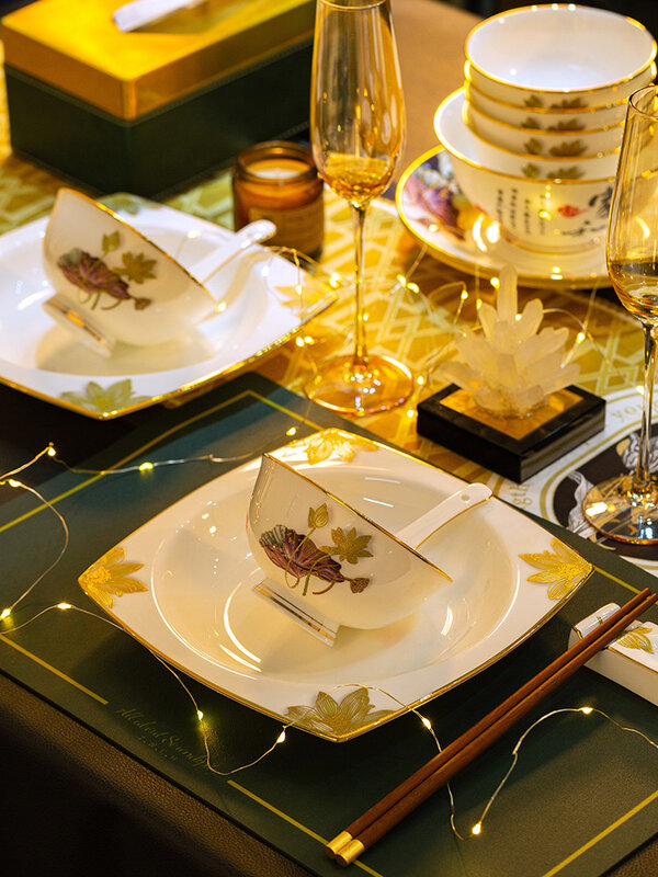 Набор столовых приборов, высококачественные миски и тарелки из костяного фарфора, в китайском стиле с лотосом, предметы роскошного бытового обихода