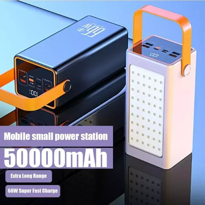 Power Bank 50000mAh kapasitas tinggi 66W pengisi daya Cepat Powerbank untuk IPhone Laptop baterai baterai LED berkemah lampu senter