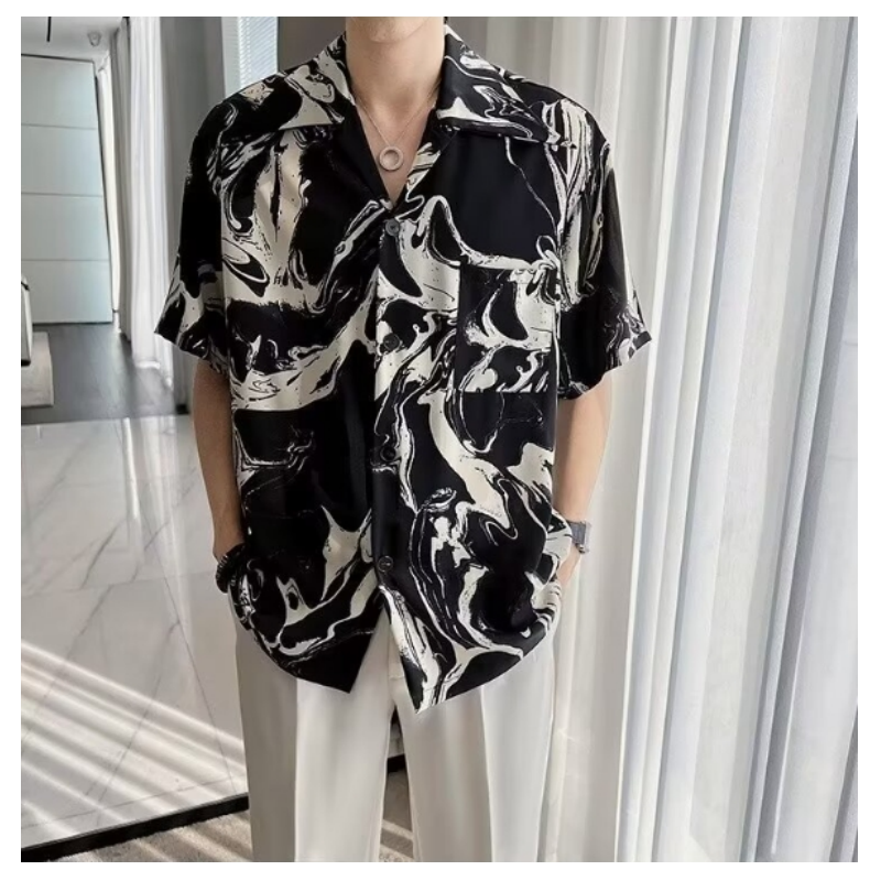 Camisa holgada de manga corta para hombre, camisa informal con cuello cubano, estilo Harajuku, ideal para la playa, verano, novedad de 2024, E0030