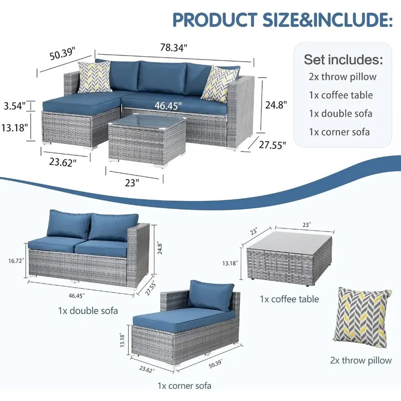 Наборы мебели для патио, 3 предмета, искусственный диван, маленький диван для разговора патио с моющейся подушкой и Стеклянным Столом