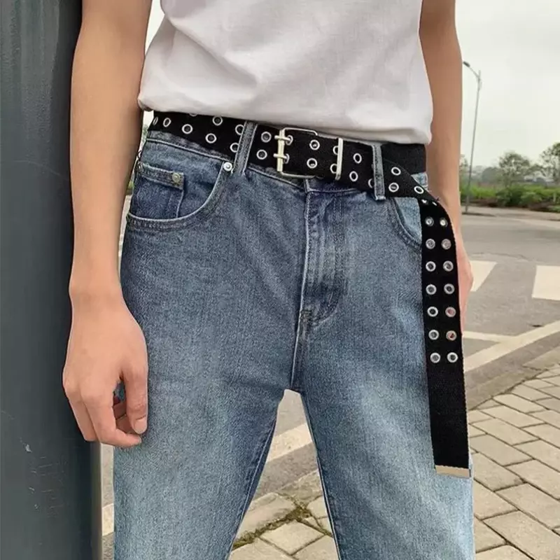 Fashion Wide Canvas Belts Casual Double Hollow Hole Buckle Belt Adjustable Solid Color Waist Strap For Women Men Students Jeans