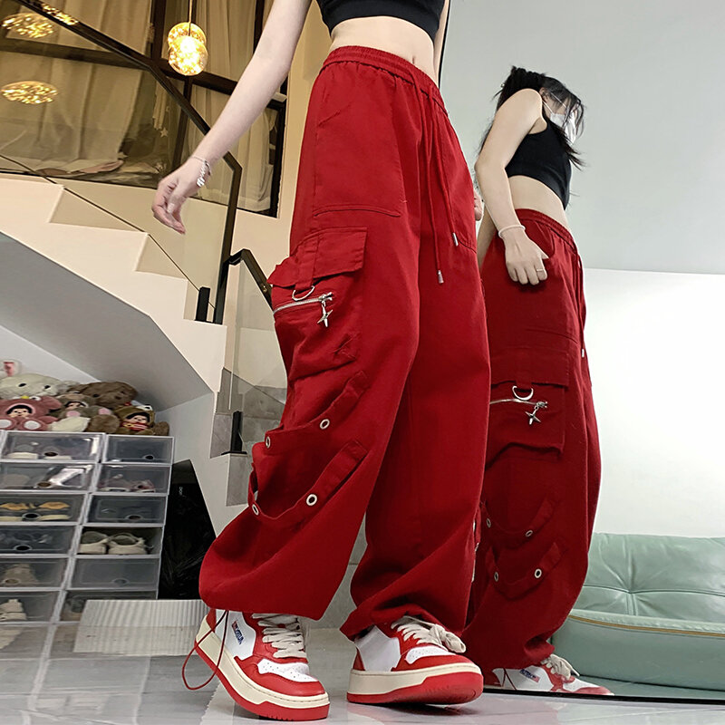 Pantaloni Cargo rossi da donna Vintage Y2k Harajuku pantaloni Oversize estetici Streetwear pantaloni a vita alta vestiti stile giapponese 2000s