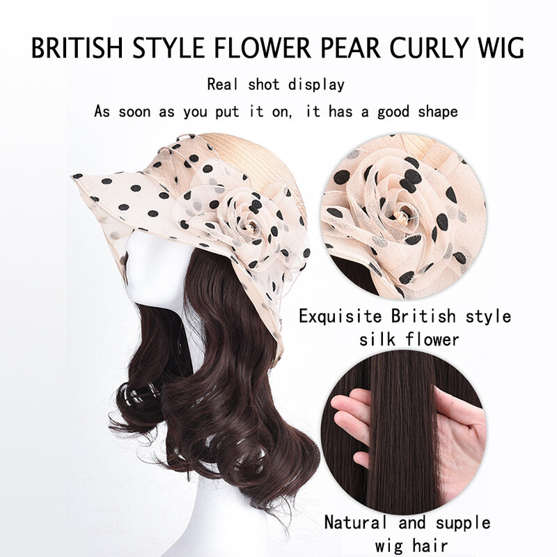 Czapka peruka zintegrowana syntetyczna kwiat gruszy rolka elegancki Temperament brytyjski styl kapelusz z kwiatem krótkie kręcone włosy na całą głowę kobiety