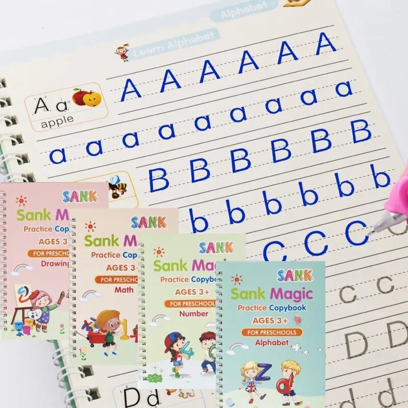 หนังสือ4เล่ม + ปากกามหัศจรรย์สำเนาหนังสือเด็กฟรีสำหรับเขียนสติกเกอร์ฝึกคัดลายมือภาษาอังกฤษสำหรับการประดิษฐ์ตัวอักษร Montessori