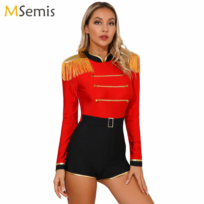 Womens Circus Ringmaster Jumpsuit Halloween Carnival Theme Party Role Play Costume Long Sleeve Velvet Fringed Cosplay Bodysuit