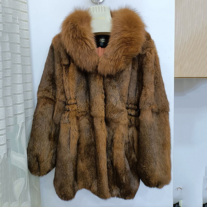 Cappotto di pelliccia di coniglio reale spesso di lusso con collo di pelliccia di volpe caldo inverno donna Casual sottile giacca di pelliccia genuina
