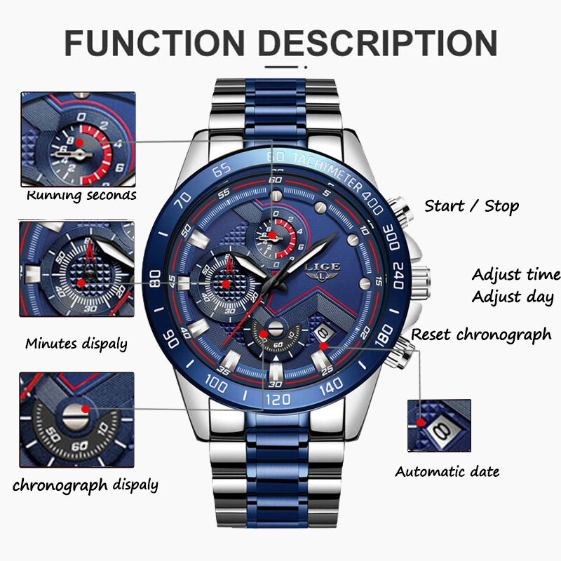 LIGE-럭셔리 오리지널 남성 스포츠 손목 시계, 쿼츠 스틸 크로노그래프 방수 시계, 남성용 큰 시계