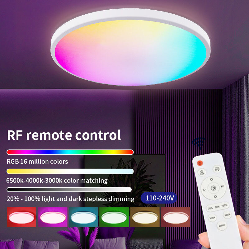 Luz de teto led rgb com controle remoto rf, 24w, mudança de cor, melhor para sala de estar, quarto, decoração interna, atmosfera