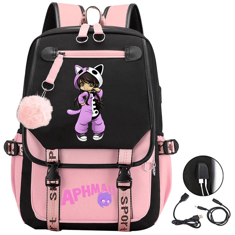 Aphmau Anime Backpack 3D Printed Cartoon Oxford Waterproof Full Ball USB Schoolbag Boys Girls Students Large Capacity Backpack