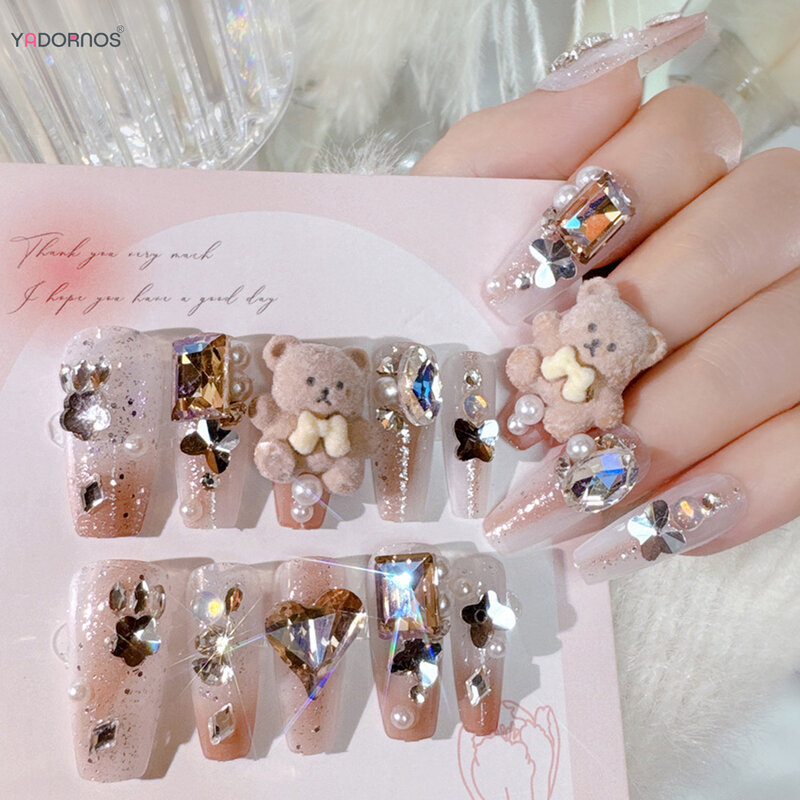 Long Coffin Press on Nails with Cartoon Bear Rhinestone Designed Glitter Fake Nails Wearable Reusable False Nails Tips for Girls