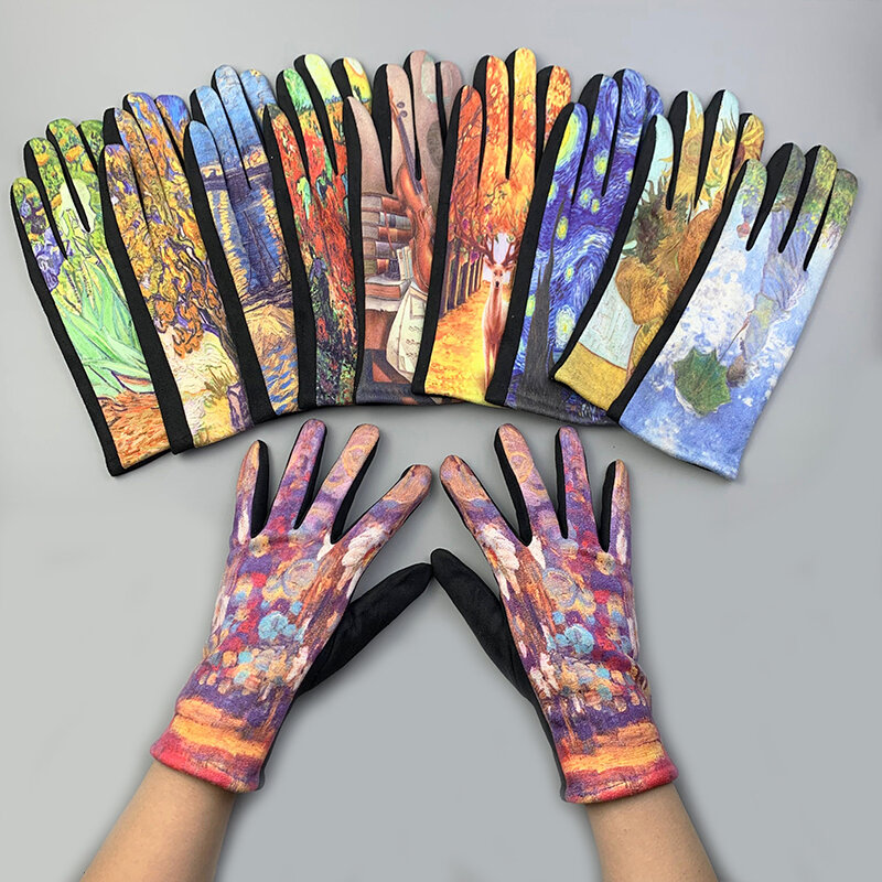 Creativiteit Van Gogh Olieverfhandschoenen Winter Fietsen Rijden Dikker Vrouwen Modeprint Full Finger Touchscreen Warme Wanten