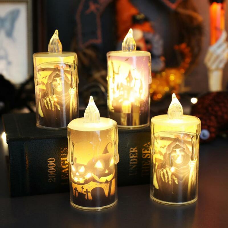 Ghost Candle Light Halloween Candle Light Spooky Skulls Pumpkins Ghosts Battery Operated Led Candle Lamps for Halloween Home