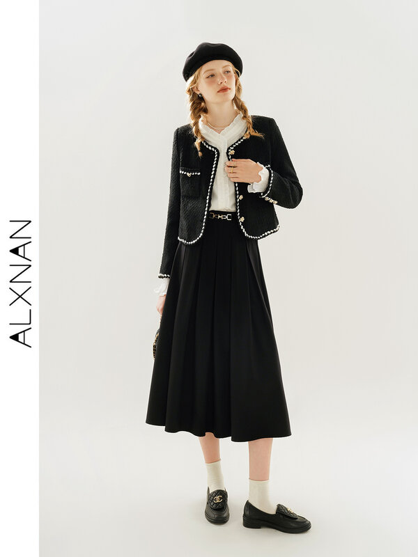 ALXNAN-Jupe plissée noire pure pour femme, jupe mi-longue élégante, taille élastique A-Line, tempérament, printemps, nouveau, 2024, TM00 Costumes