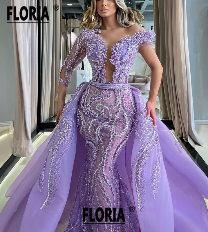 Robe de soirée violette perlée avec surjupe pour femme, robe de soirée formelle, robes arabes, perles de Dubaï, sirène, F. C.