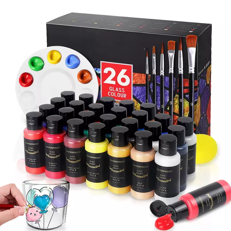 14 26 Colors Stain Glass Paint Set with 6 Nylon Brushes, 1 Palette, Waterproof Acrylic Enamel Painting Kit for Art Supplies