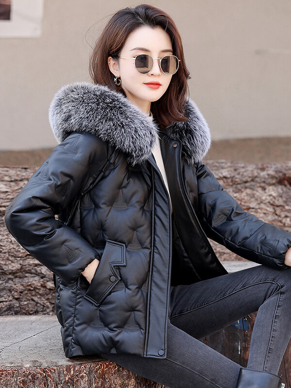 Nieuw Vrouwen Schapenleer Donsjack Winter Mode Hooded Echte Vossenbontkraag Dik Warme Leren jas Casual Los Topjas