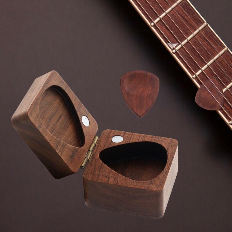 Estuche de madera para púas de guitarra, Mini joyero resistente con 2 púas de guitarra triangulares hechas a mano, organizador de soporte para púas de guitarra