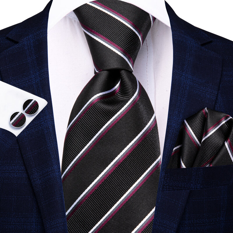 Gravata Jacquard de alta gravata masculina, gravata listrada em preto e branco, acessório elegante para casamento, festa de negócios, abotoaduras Hanky