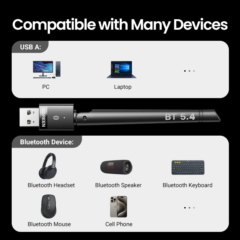 UGREEN USB Bluetooth 5.3 5.4 Adapter 120M klucz sprzętowy do komputera bezprzewodowa klawiatura i mysz nadajnik odbiornik Audio muzyki Bluetooth