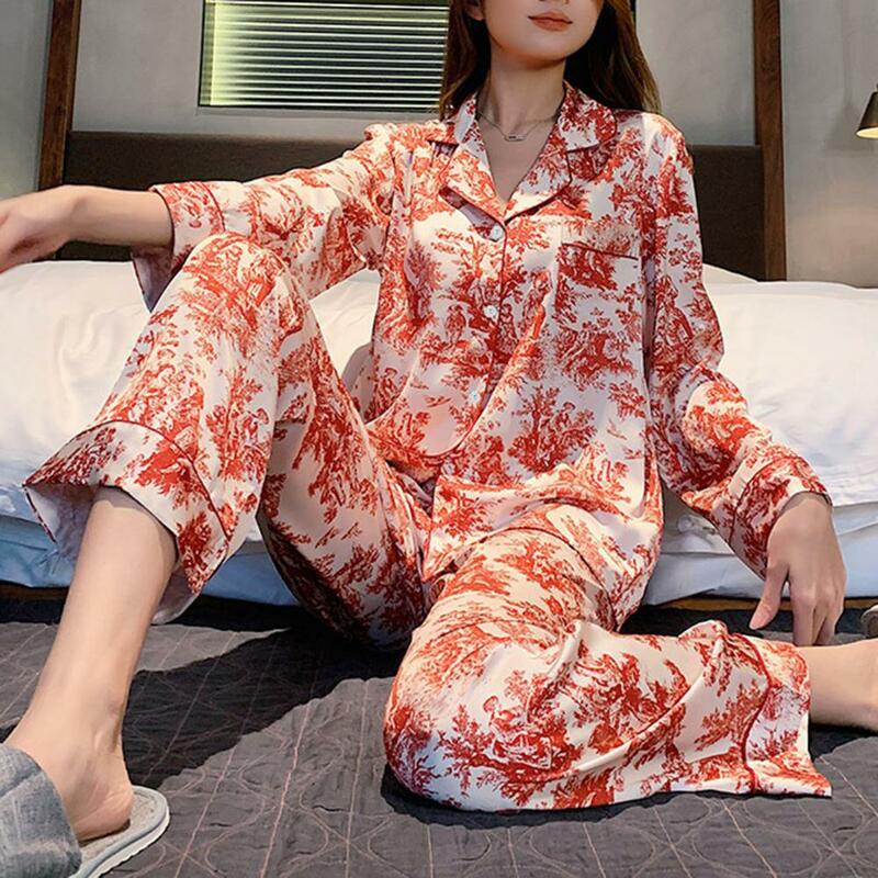 Conjunto de pijama feminino com estampa floral, elegante de peito único, bolsos elásticos na lapela, terno solto, primavera e outono