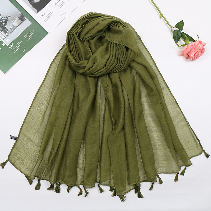 2024 kain katun Linen mewah baru syal rumbai Viscose Hijab Muslim mode wanita syal matahari dan syal warna solid jilbab lembut