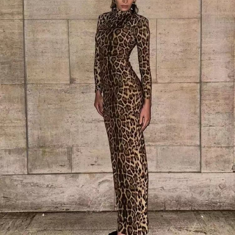 Gaun lengan panjang ramping macan tutul wanita gaun pesta klub Vestidos jubah seksi 2024 baru