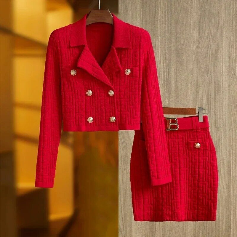 Suéter Cardigan de manga comprida feminino e saia fina, malha, padrão de textura, 2 opções de cores, 2 cores, fino, OL, outono, marca