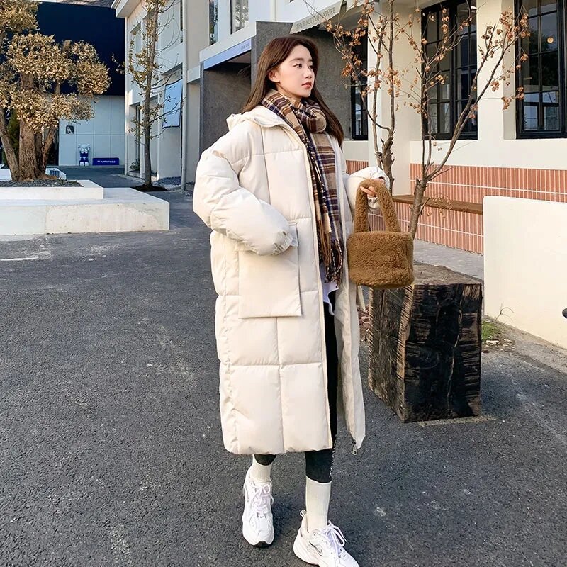 2023 New Winter Long Cotton Jacket Women Loose Korean Office Lady Cotton Coat Fashion Hooded Thick Cotton Jackets Female Outwear
