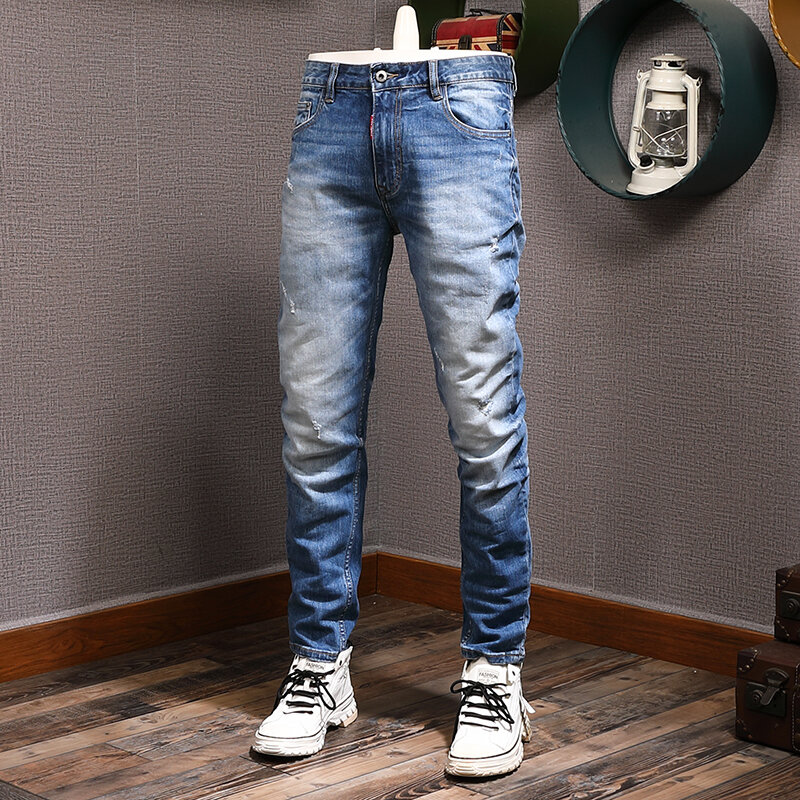 European Vintage Fashion Men Jeans Retro Blue Elastic Slim Fit Ripped Jeans Men Trousers Plain Wash Designer Denim Pants Hombre
