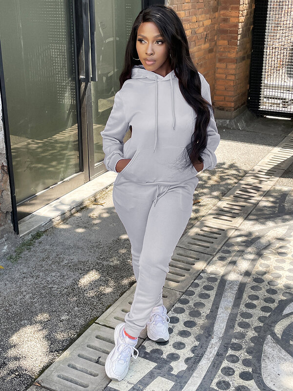 LW Women's Plain Basics Two Piece Lace Up 2pcs Workout Suits Hooded Kangaroo Pocket Drawstring Tracksuit Sporty Top+Trousers