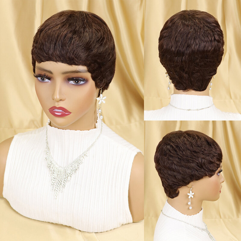 Wig Rambut Manusia Lurus Pendek Peluca Rambut Brasil Potong Pixie untuk Wanita Kulit Hitam Wig Peru Murah Buatan Mesin dengan Bang Perruque