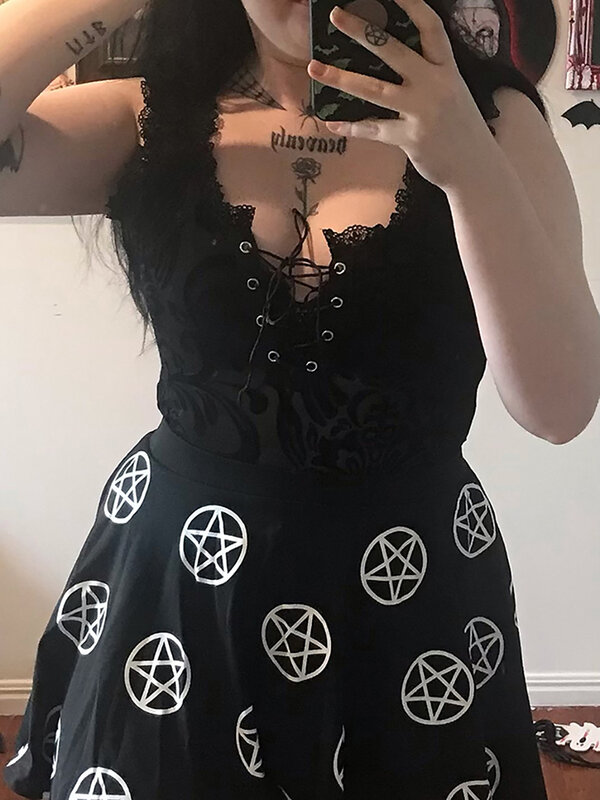 Goth Dark Sexy Vintage Gothic body Patchwork trasparente Grunge Punk Lace Bandage body femminile autunno 2021 Slim Fashion