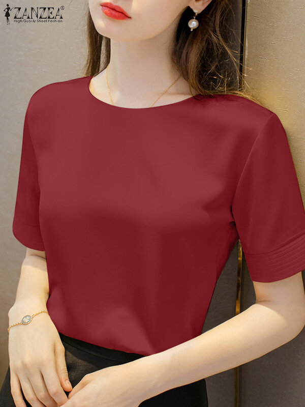 ZANZEA-Blusa de satén de manga corta para mujer, camisa elegante de estilo coreano, Color liso, para el trabajo, 2024