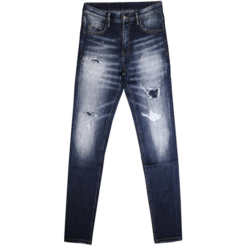 High Street Fashion Mannen Jeans Retro Blauw Elastische Slim Fit Ripped Jeans Mannen Vintage Broeken Patched Designer Merk Broek Hombre