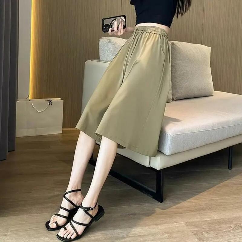 Women Skirt Pants Loose Fit Culottes Women's Elastic Waist Ice Silk Skirt Pants Breathable Fabric Adjustable Drawstring Solid